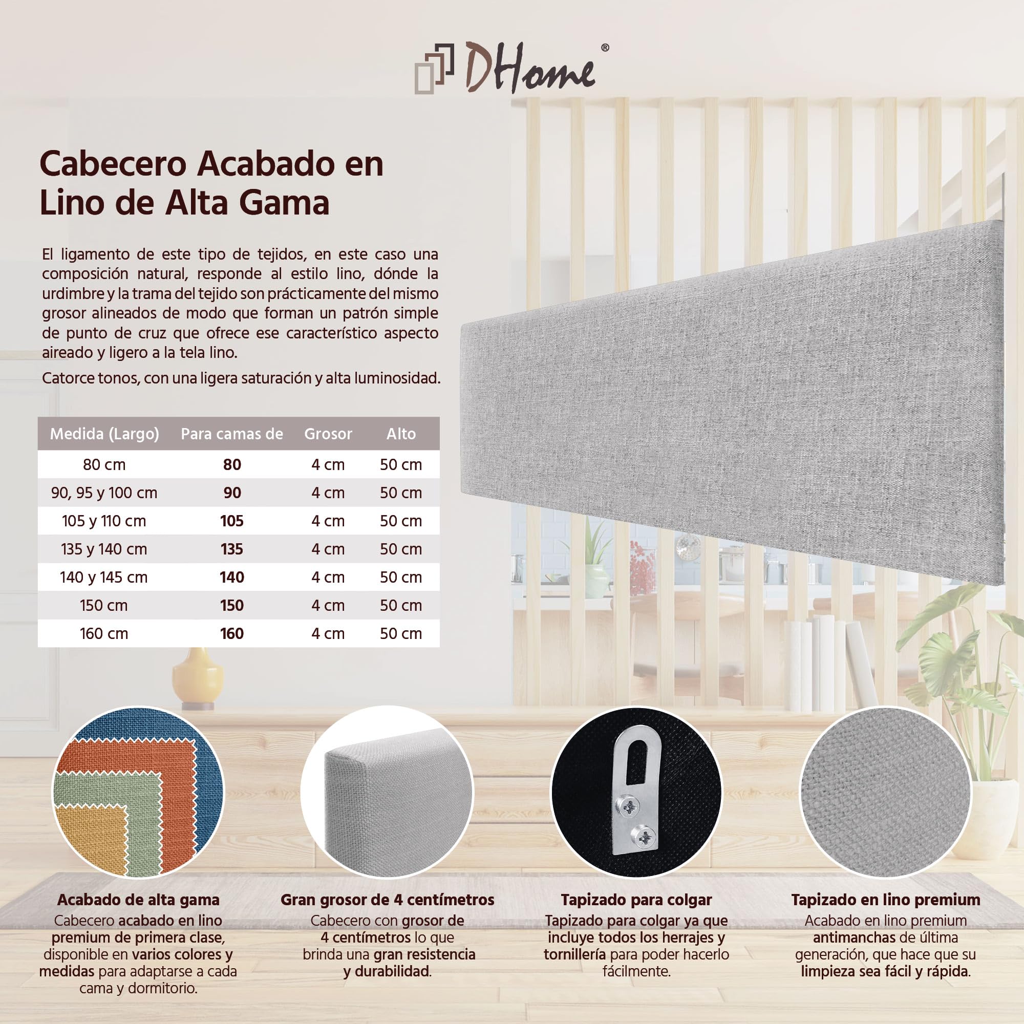 DHOME Testiera in lino naturale liscio Testiera letto imbottita Testiera della camera da letto moderna TOP TRENDING (Grigio Chiaro, 160cm (Letto 150/160))