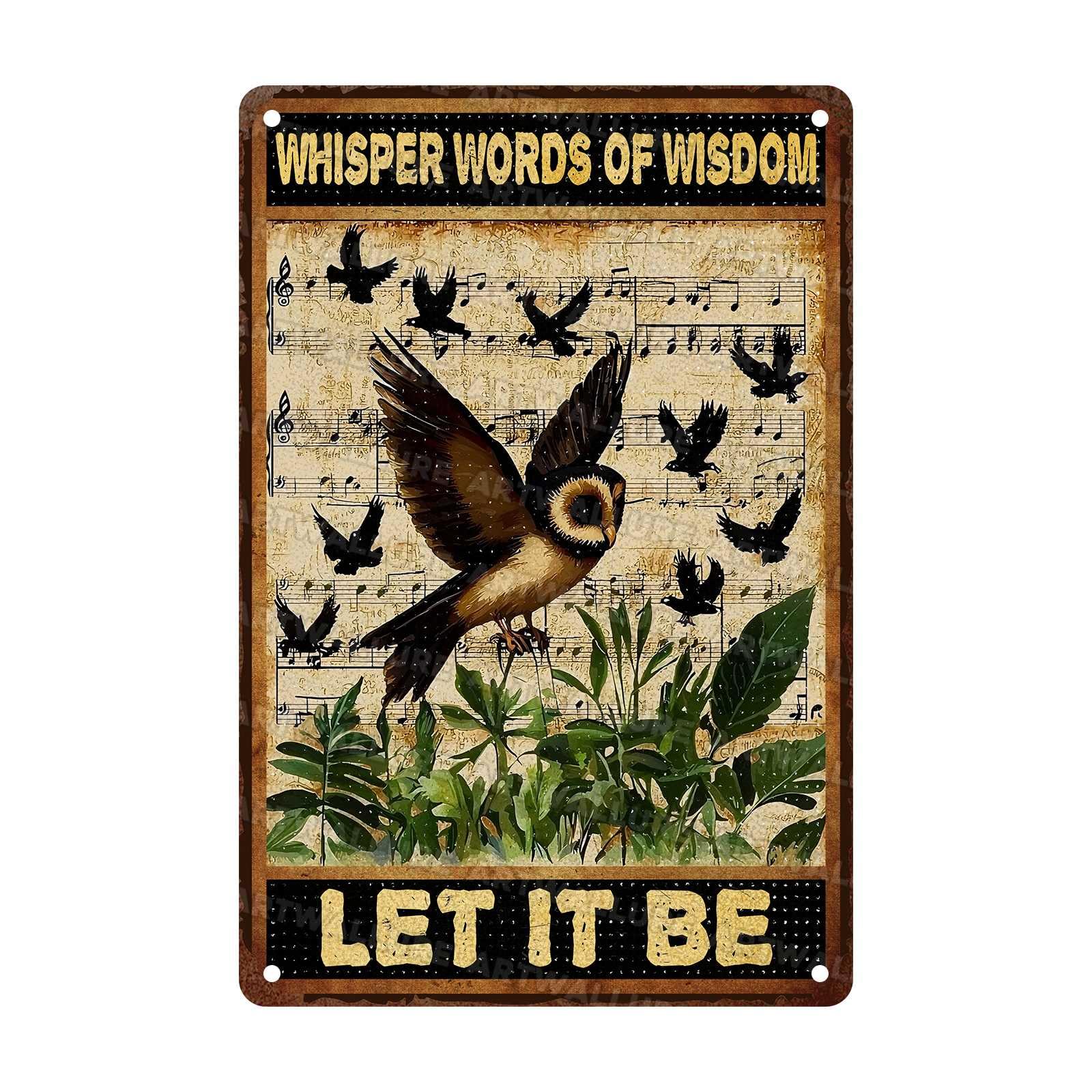 Owl Vintage Tin Sign Let It Be The Metal Tin Sign Wall Decor Retro Whisper Words of Wisdom Art Signs for Room Aesthetic Home Decor 8x12Inch