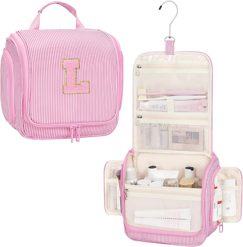 Necessaire suspensa Relavel para viagem, com compartimentos, gancho giratório e patch inicial, nylon, rosa com listras, modelo L