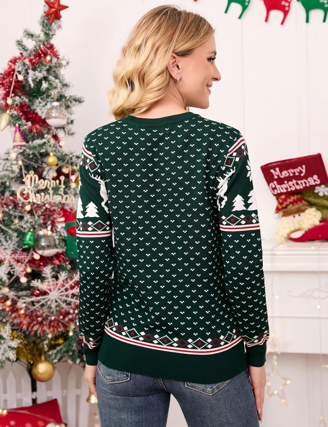 MISSKY Family Christmas Sweater Crew Neck Reindeer Snowflakes Knitted Pullover for Women/Men/Kids - Image 3