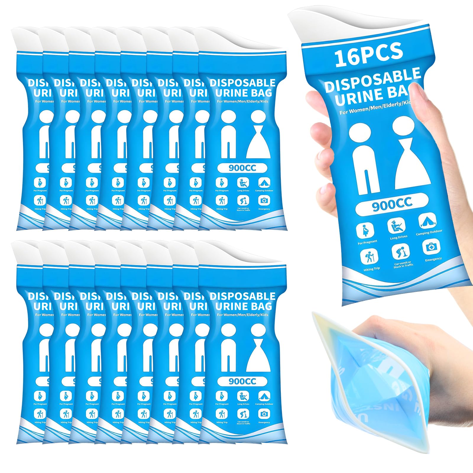 Disposable Urine Bags, 16 Pack 900ml Portable Urinal,Emergency Urine Bags for Men and Women,Travel Leak-Proof Pee Bags for Car, Camping, Outdoor
