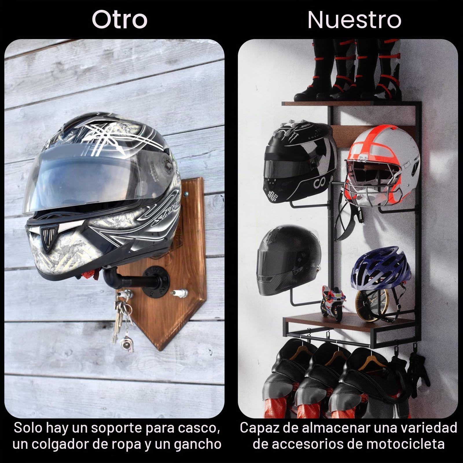 colgador casco moto pared Perchero para Casco Soporte para colagar el Casco y la Chaqueta Gancho con 2 tablas de capas de madera, Tamaño grande