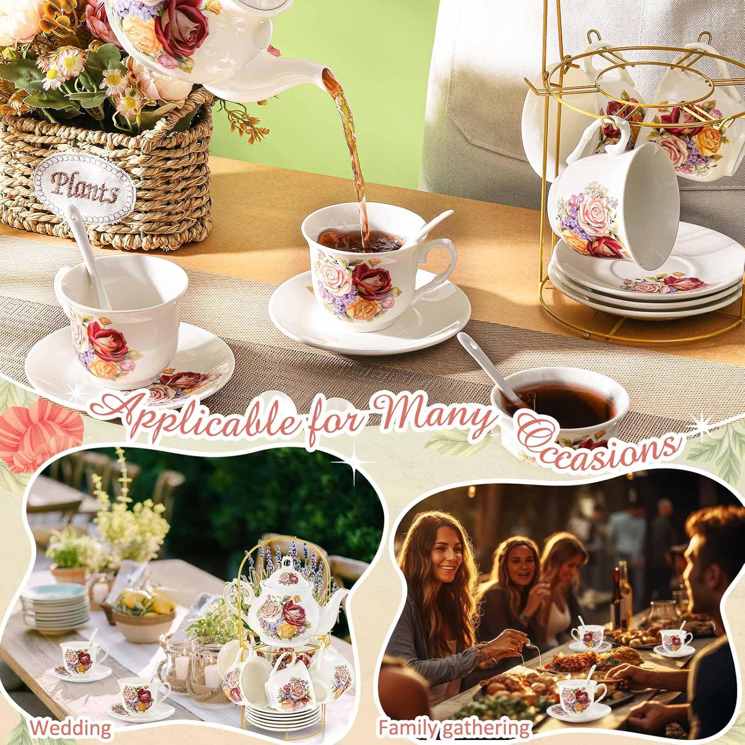 Zhehao 20 Pcs Porcelain Tea Set with Metal Holder and Spoon Adult Ceramic Tea Set European Flower Painting Teapot Cup Saucer Spoon for Women, Large Version(Styleish Style)