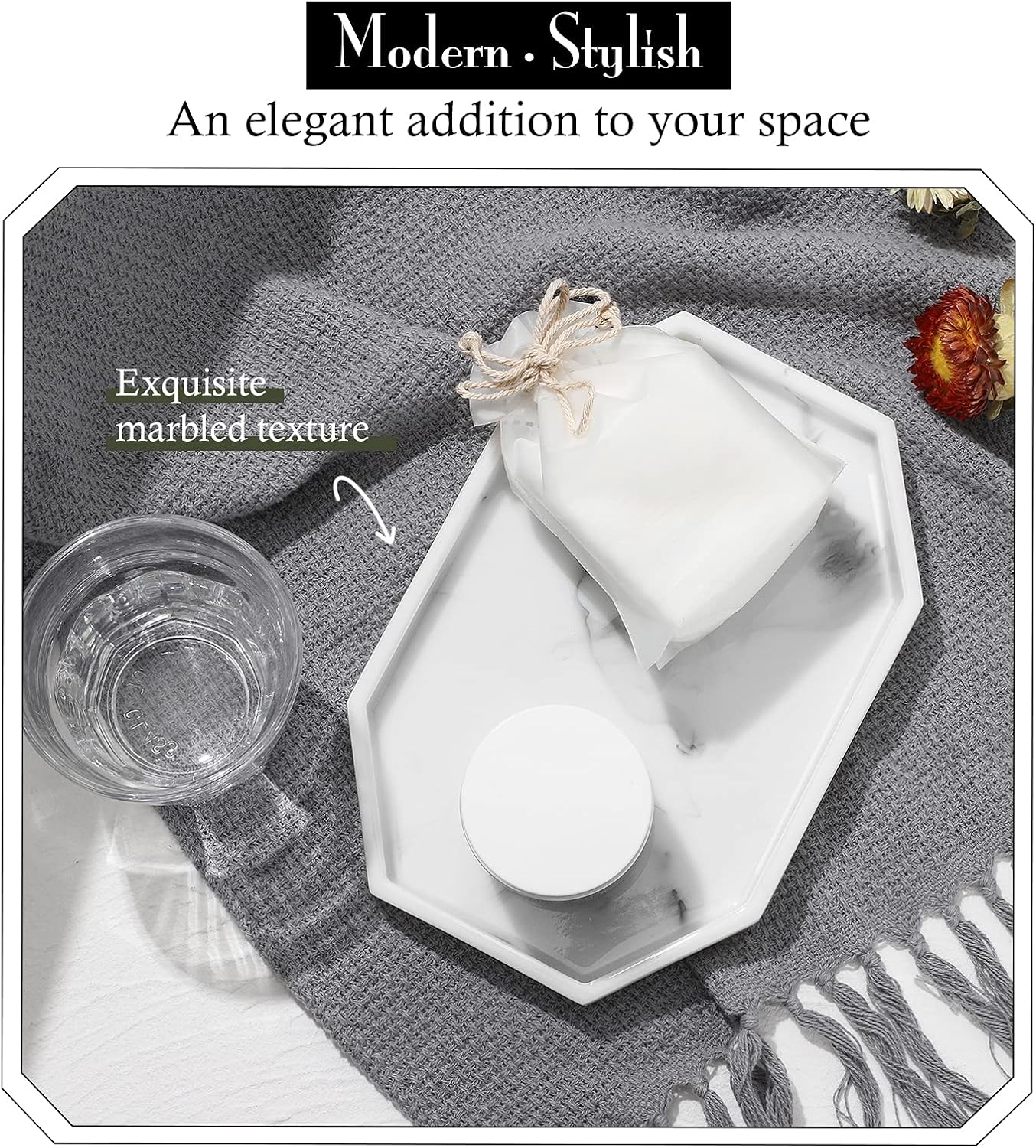 Shinowa 8" Small Octagon Bathroom Vanity Tray, Resin Decorative Perfume Tray Jewelry Ring Dish Tray,Vanity Tray for Bathroom Candle Perfume Soap Shampoo, Ink White