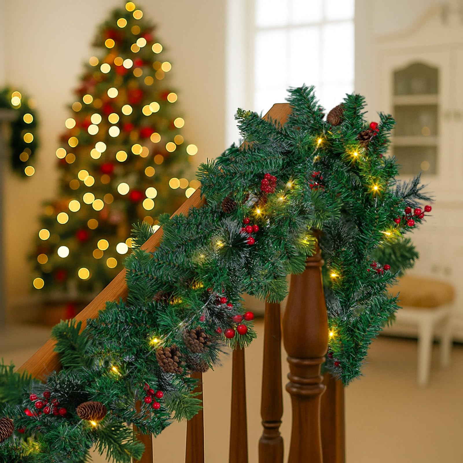 GREENSAPPIRE Christmas Garland 6FT/1.8M Pre-lit Artificial Christmas Garland with LED Lights 10 Red Berries 4 white pine needles Decorations for Indoor Outdoor Fireplace Stair Front Door Xmas 2PCS