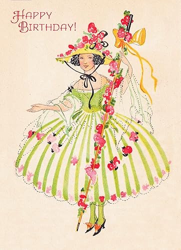 PIXILUV Tarjeta de felicitación Happy Birthday  Pretty Woman in Green Pinstrip vestido con flores y personal  Deseos de cumpleaños Vintage Tarjeta