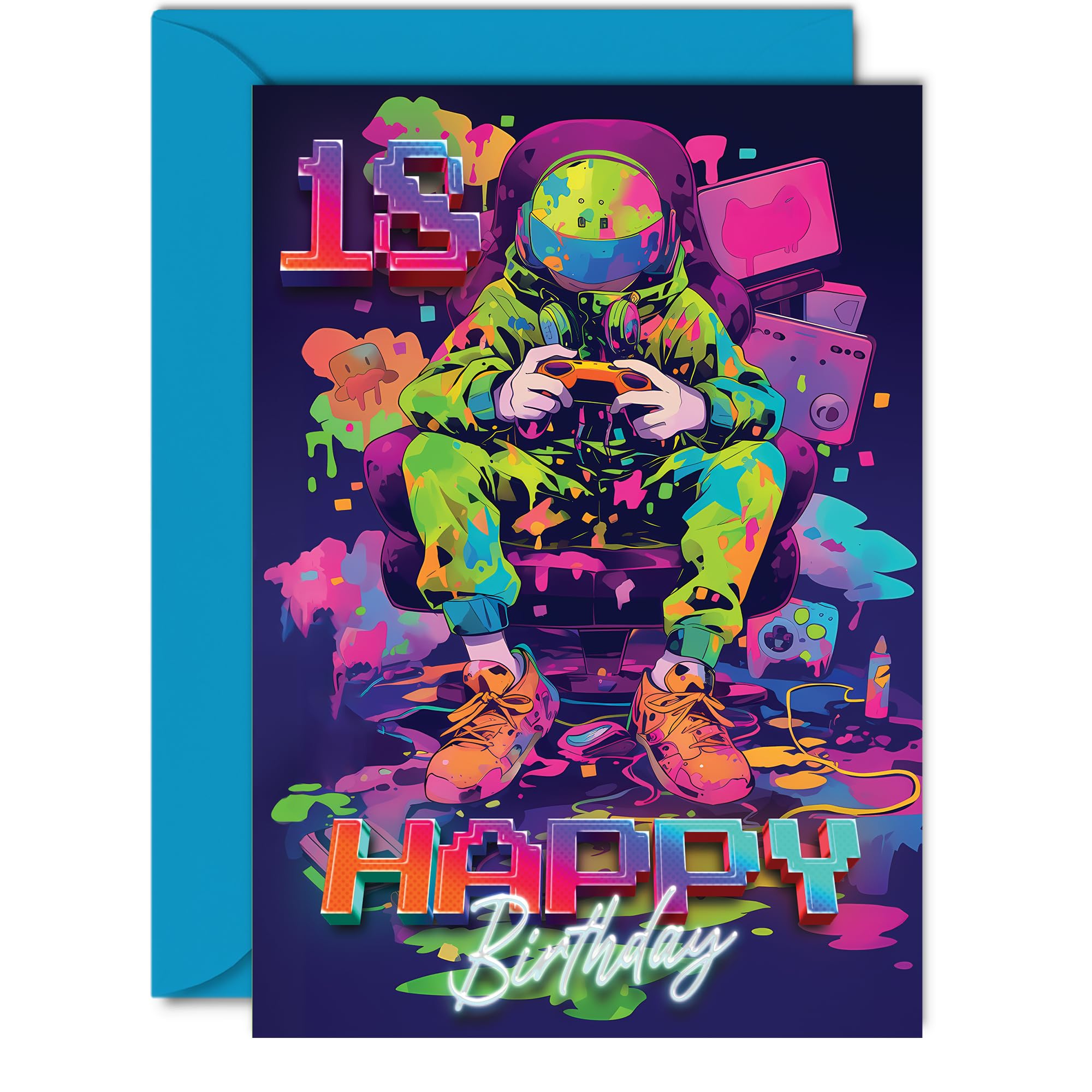 18th Birthday Cards for Women Men - Video Gamer Game - Happy 18 Birthday Card for Son Daughter Brother Sister Friend, 5x7 Inch Eighteen Eighteenth Bday Greeting Cards