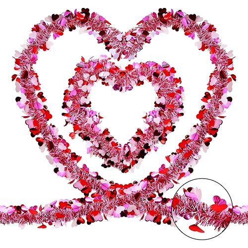 4 Strings Total 26.4 ft Valentine's Day Tinsel Garlands - Each 6.6 ft Metallic Fringe Garland with Hearts Hanging Glitter Streamers for Wedding, Engagement, Anniversaries, Romantic Love Decorations