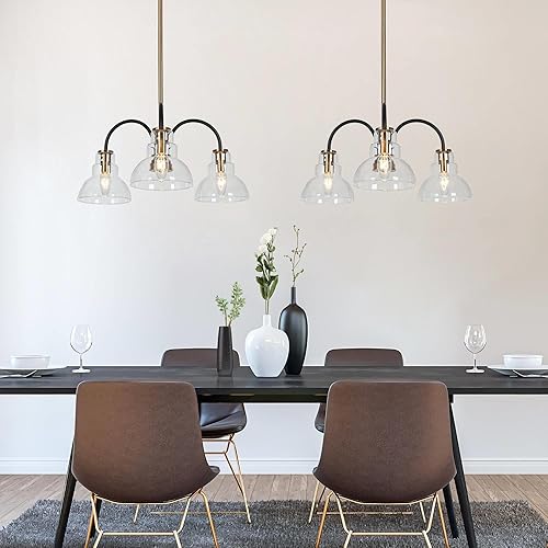 Miniatura 2 de Candelabros negros y dorados, lámpara colgante moderna de mediados de siglo con pantallas de cristal, lámpara colgante de 3 luces para cocina,