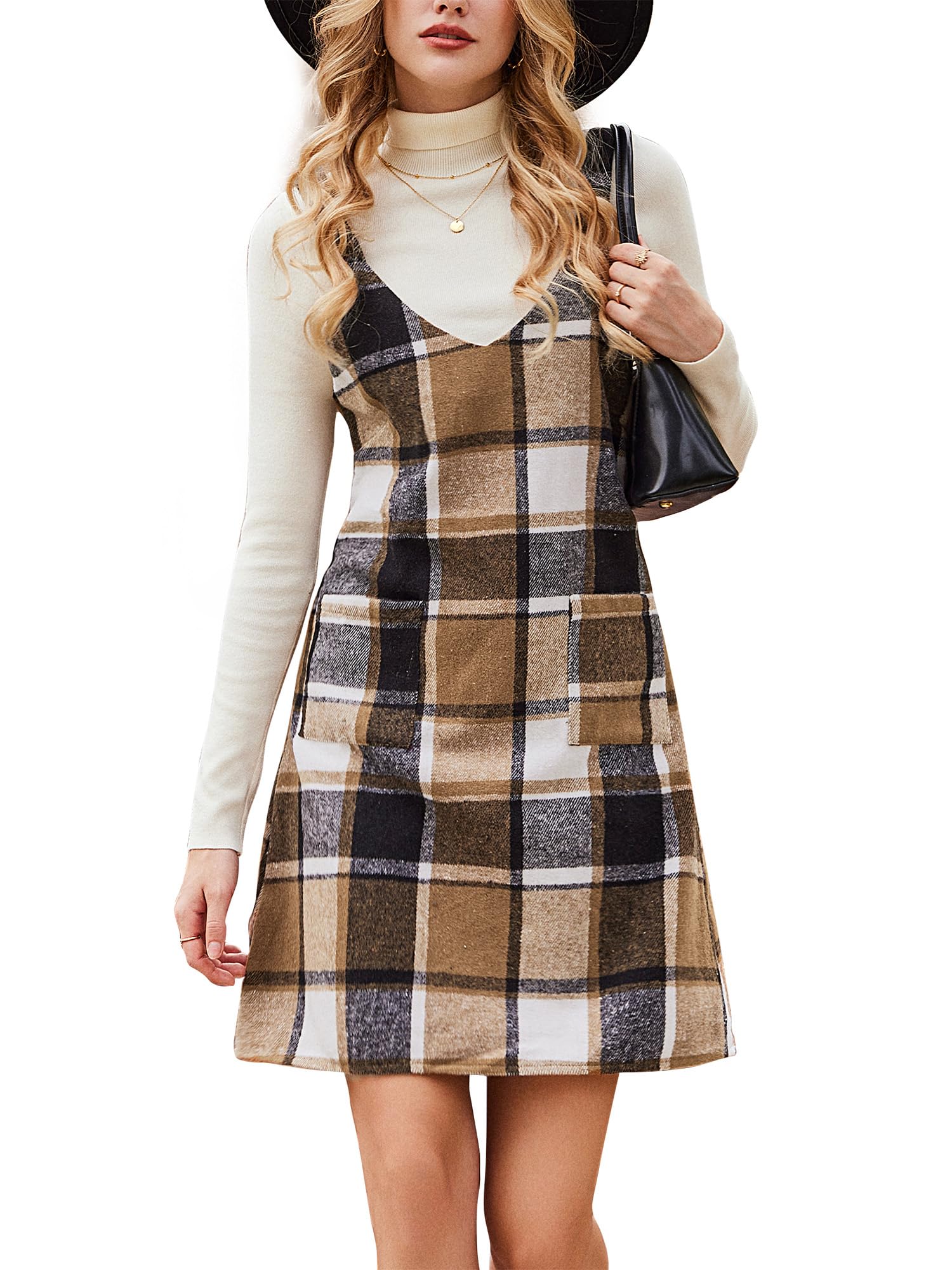 CUPSHE Fall Dresses for Women V Neck Plaid Sleeveless Wide Strpas Pockets Casual Pinafore Mini Overall Dress