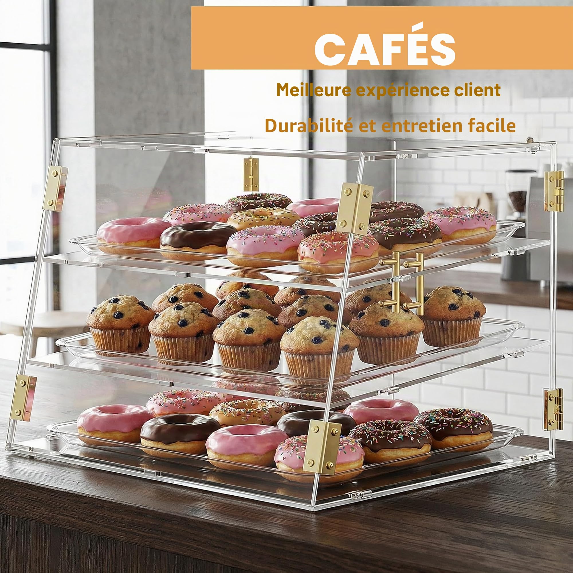 Vitrine de boulangerie commerciale à 3 compartiments avec porte automatique élastique, 53,1 x 43,2 x 43,2 cm Présentoir alimentaire pâtisserie-pain boîte de rangement pour beignets gâteaux