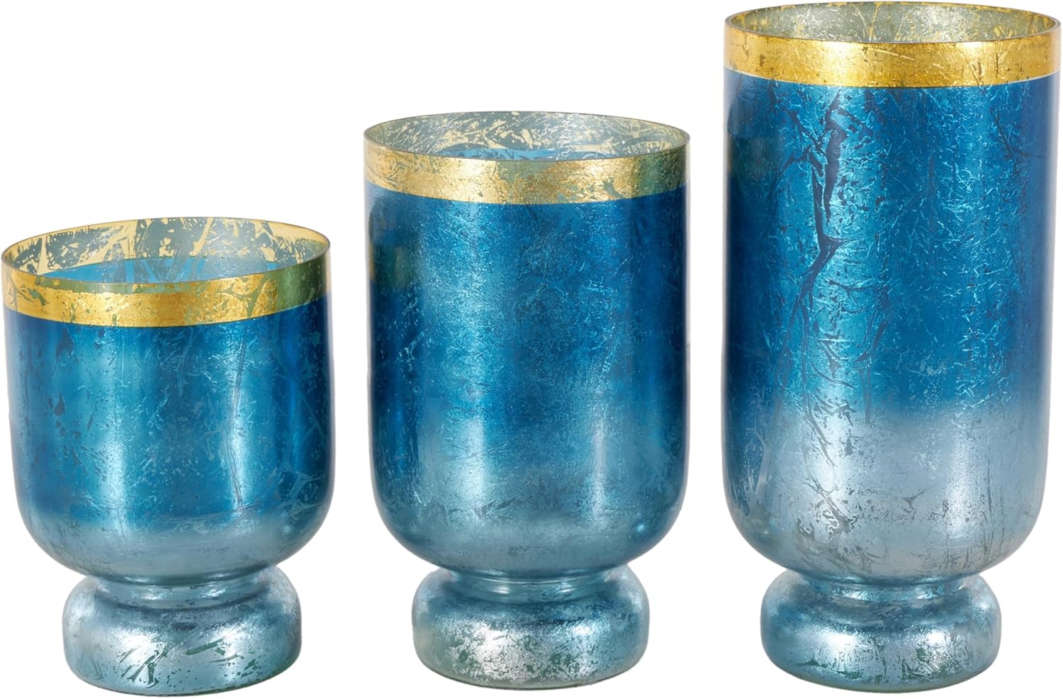 Deco 79 Glass Pillar Hurricane Lamp with Gold Interior, Set of 3 12", 10", 12"H, Blue
