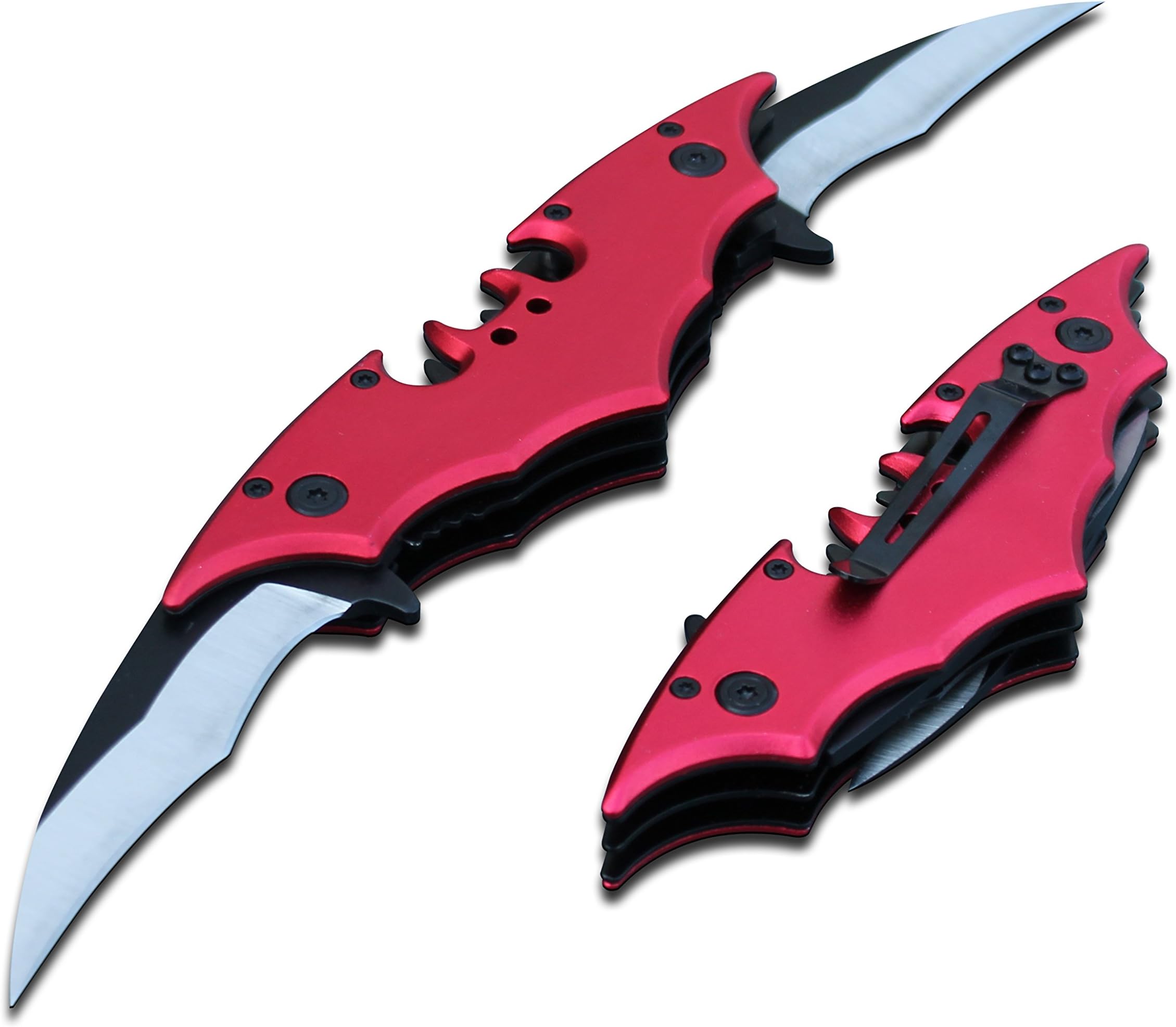 Batman Bat Folding Dual Twin Double Blade Spring Assisted 5 Colors Pocket Knife Tactical Belt Clip Black Yellow Silver Blue Red Knives (Red)