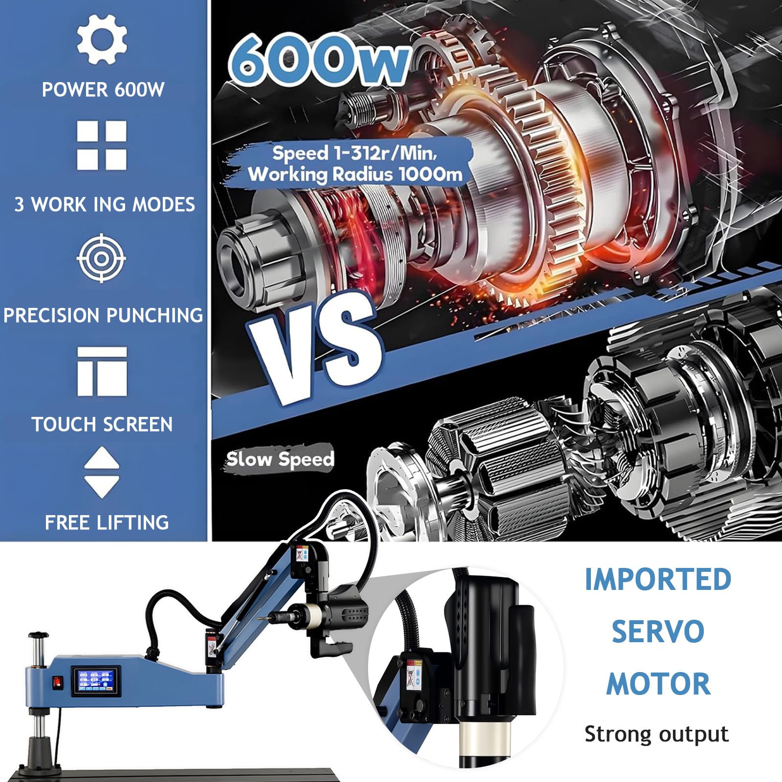 Trapano Maschiatore con Servomotore a Braccio Universale, Macchina maschiatrice elettrica, 0-312 Giri/min, Macchina maschiatrice CNC, Macchina Maschiatrice Multidirezionale M3-16