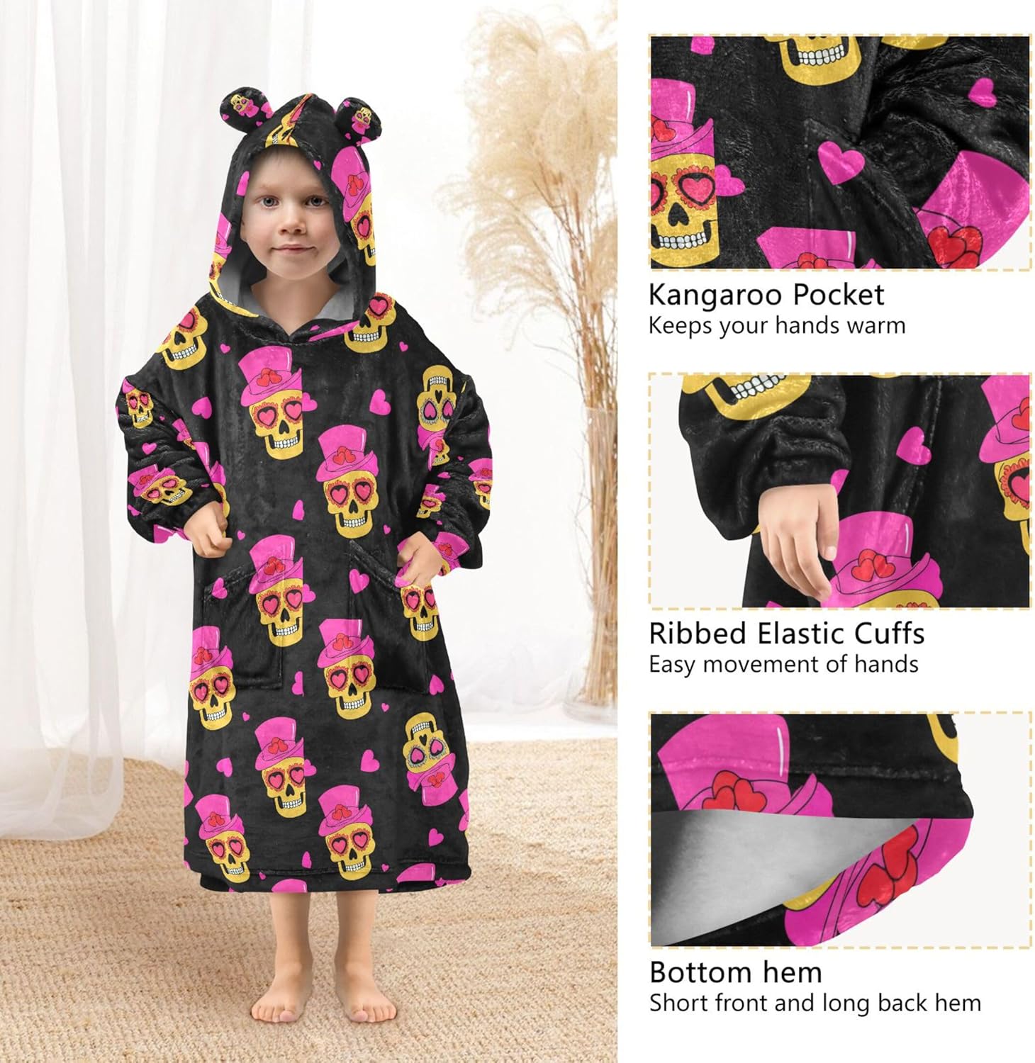 Skull Kids Wearable Blanket Hoodie with Pocket and Sleeves for Toddlers, Cute Hoodies 3-14 Year Girls Boys B0404361