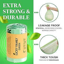 Lucky Family Green Compost Bags for Kitchen Countertop Bin - 100% Compostable Trash Bags for Food Waste, Organic Biodegradable Trash Bags (2.6 Gallon, 50 Count)