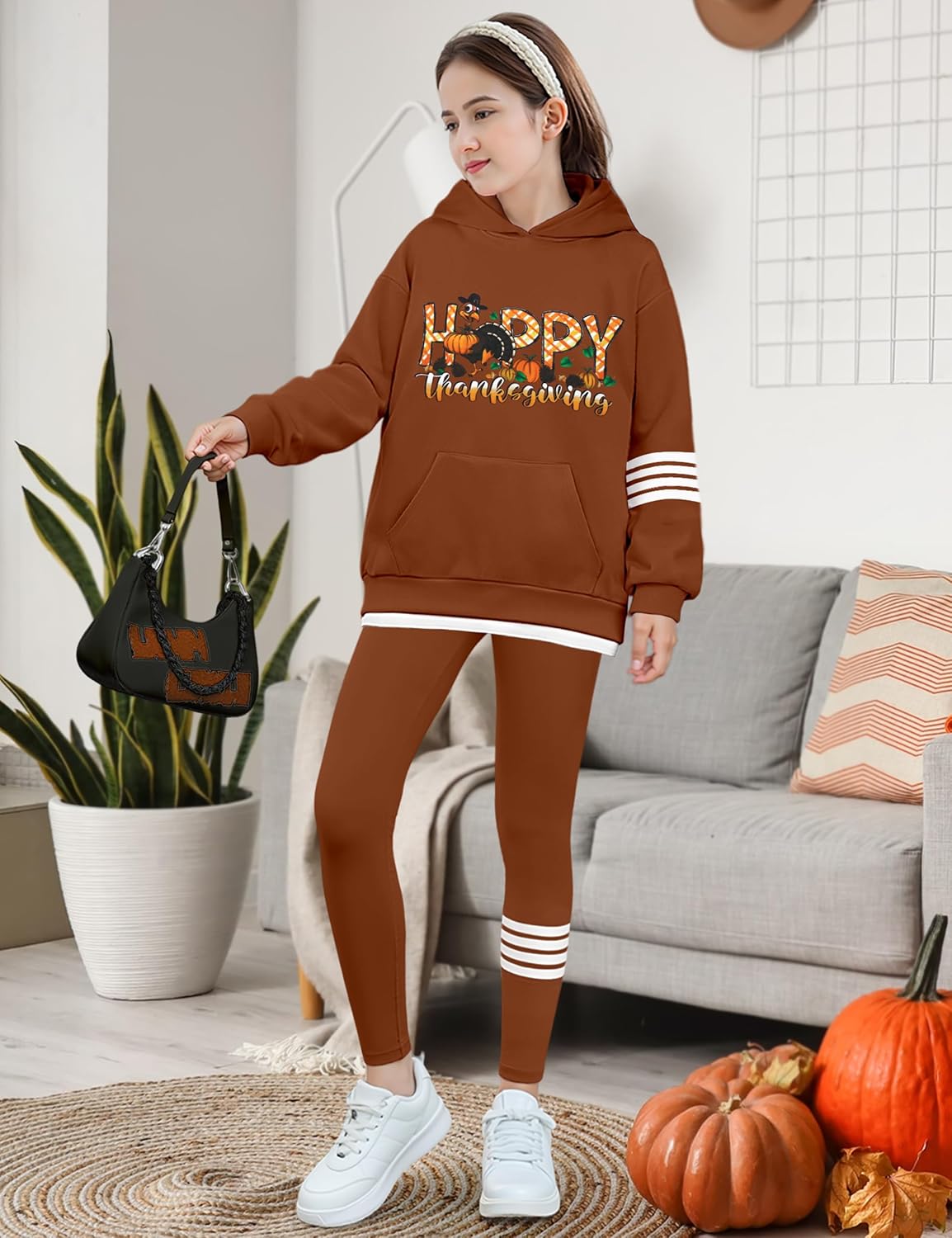 NECIOUS Girls Fall Outfits 2 Piece Fashion Contrast Stripes Hoodie Sweatshirt and Leggings Clothings Sets 6-14Y - Image 2