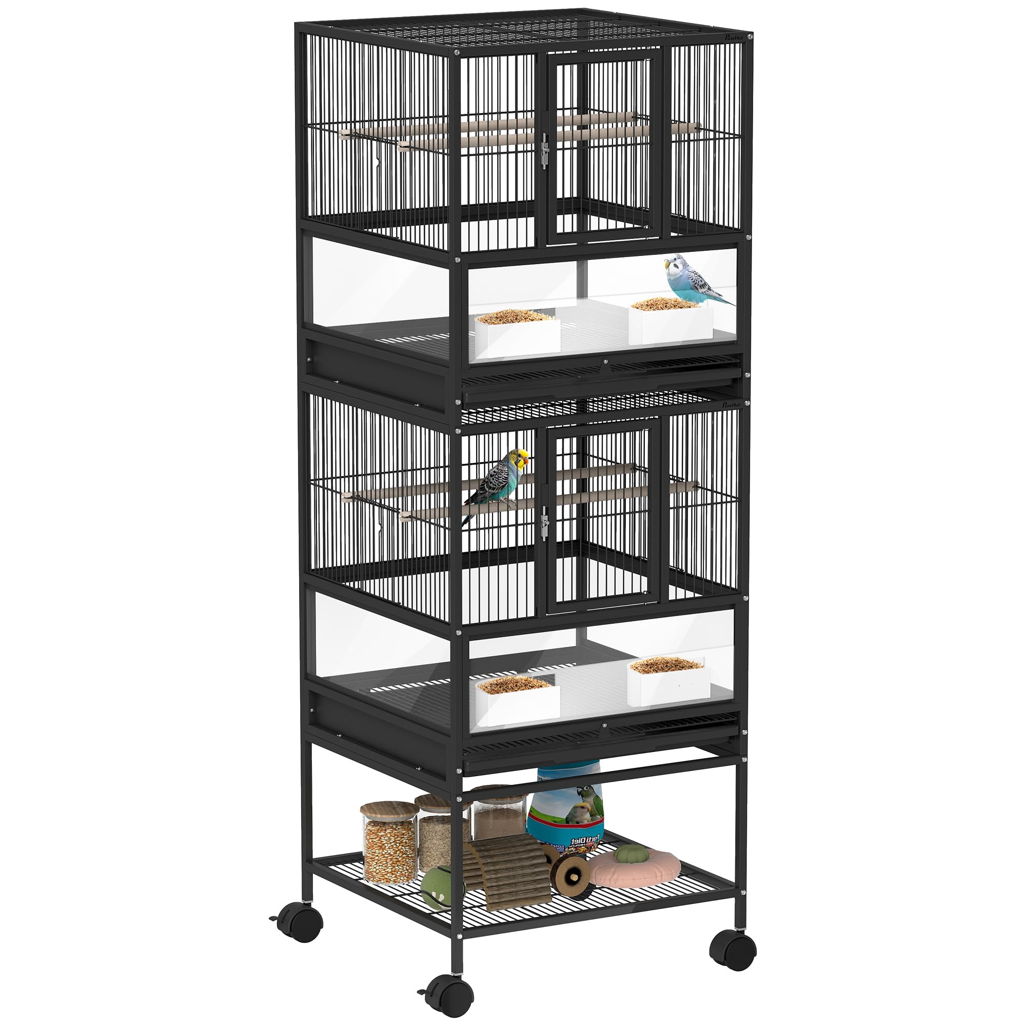 Pawhut Gabbia per uccelli grande gabbia a 2 livelli con ruote pannelli acrilici mangiatoie appendiabiti scaffale vassoi estraibili voliera per pappagalli Canarini 48 x 46 x 134,5 cm nero