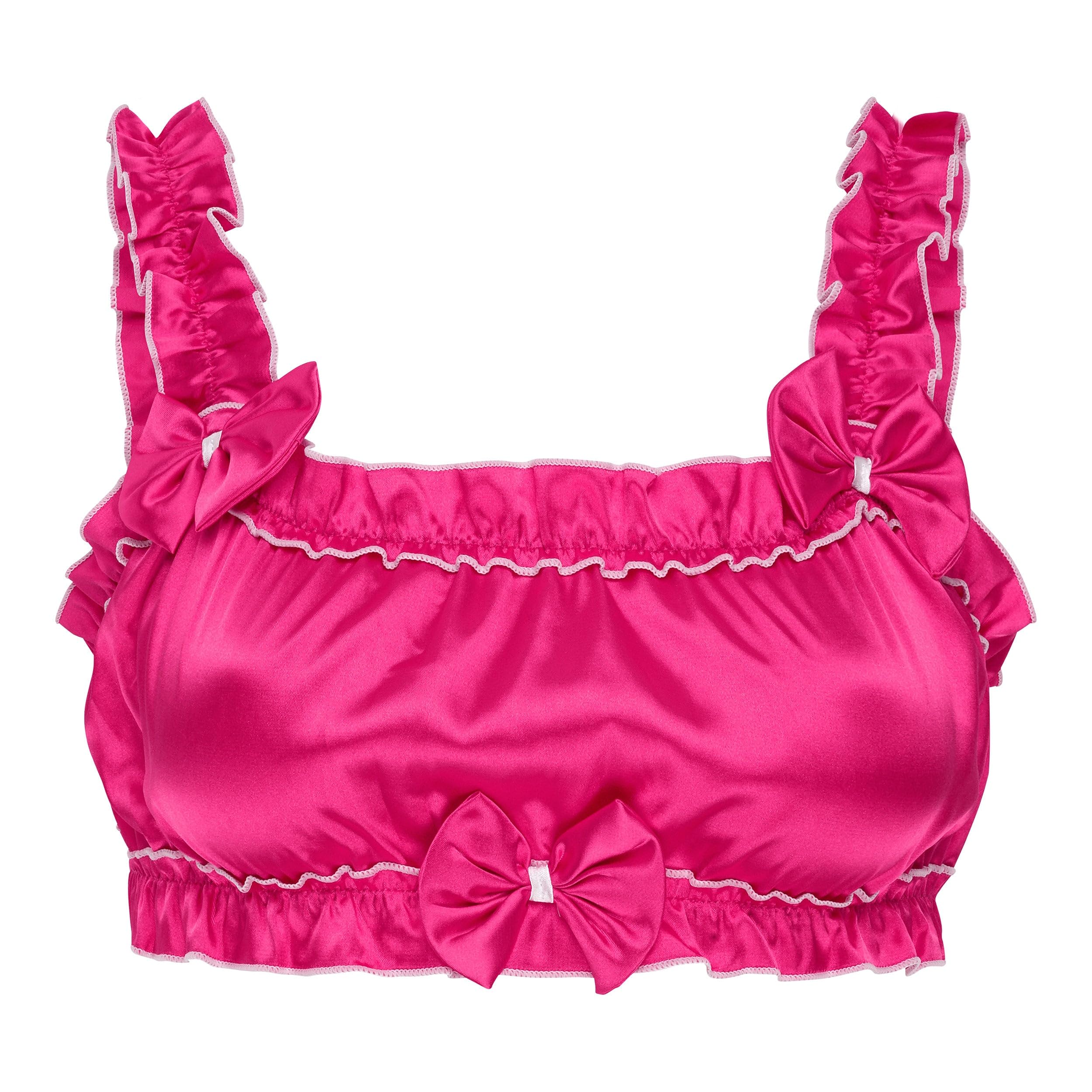 Satini Women's Hot Pink Sissy Frilly Ruffled Fitted Silky Satin Lingerie Bralette (, L)