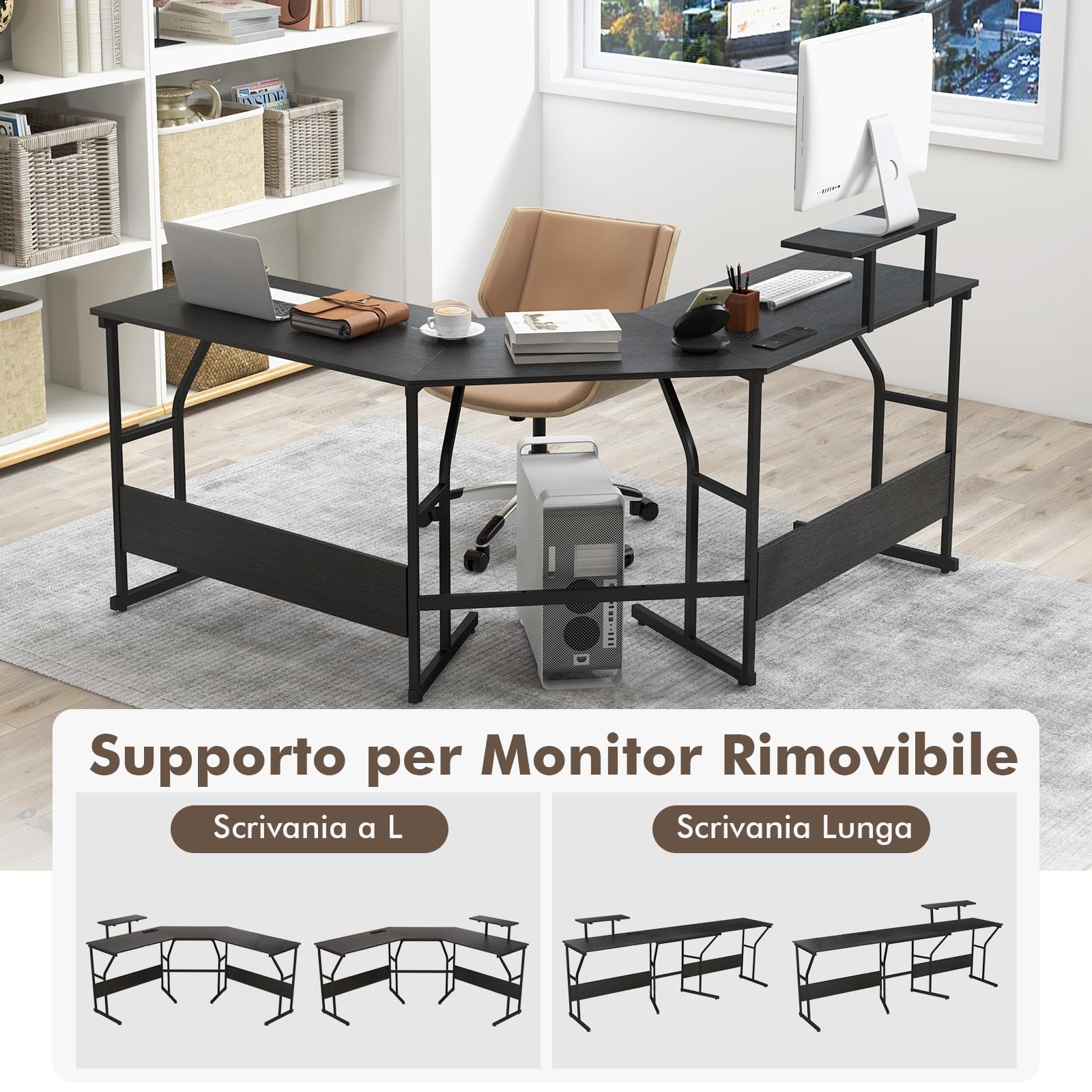 GYMAX Scrivania per Computer a L con Stazione di Ricarica, Tavolo Trasformabile Angolare con Supporto per Monitor, per 2 Persone, Postazione di Lavoro con Telaio in Metallo (Nero)
