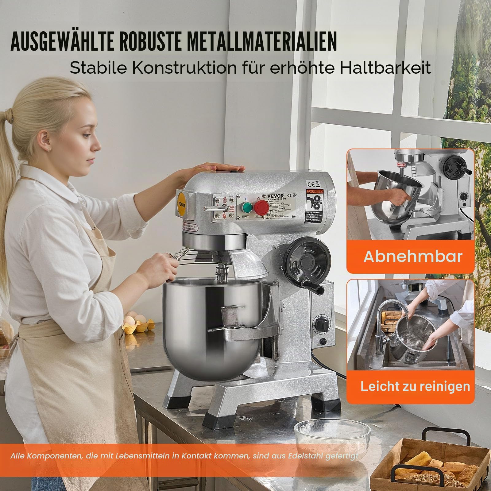 VEVOR Kommerzieller Küchenmixer, 18,7 L kommerzieller Standmixer mit 3 einstellbaren Drehzahlen, 1100 W Teigmixer mit Edelstahlschüssel und 3 Mixaufsätzen, ideal für Restaurant, Bäckerei, Konditorei