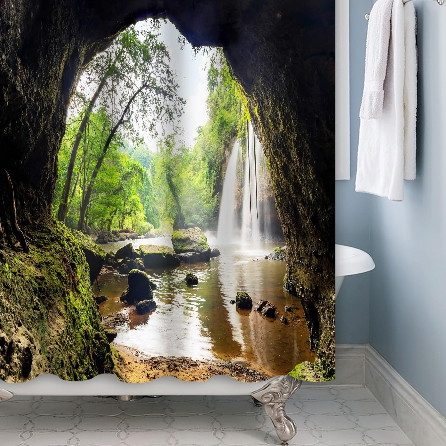 Xiaoterna Nature Shower Curtain Tropical Forest Green Tree Mould Proof Bathroom Curtain Spring Jungle Rainforest Waterfall Scenery Washable Shower Curtain Waterproof Bathroom Decoration 240x180cm - Image 4