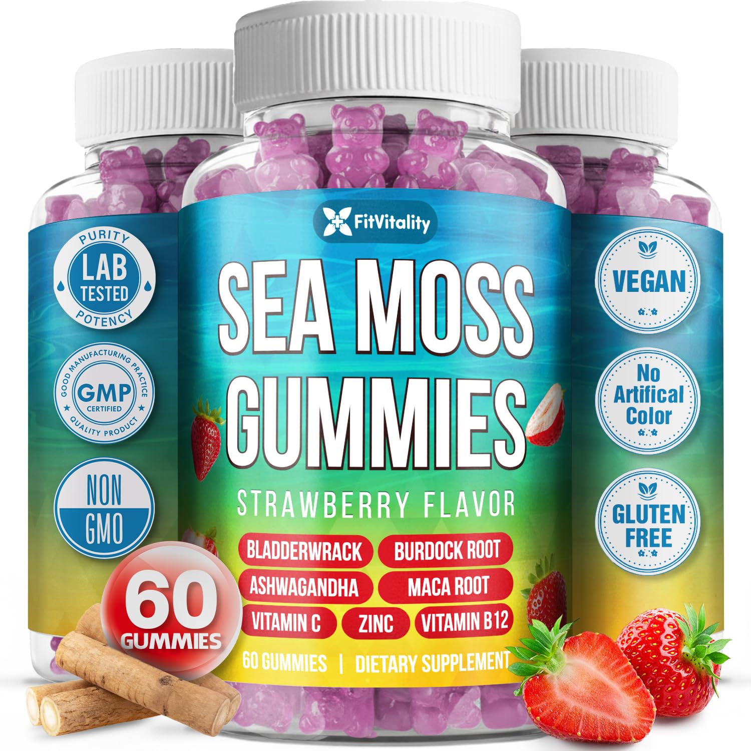 60 Sea Moss Gummies. 9-in-1 Formula. With Ashwagandha, Burdock, Elderberry. Sea Moss Gummies 60 Count (Pack of 1)