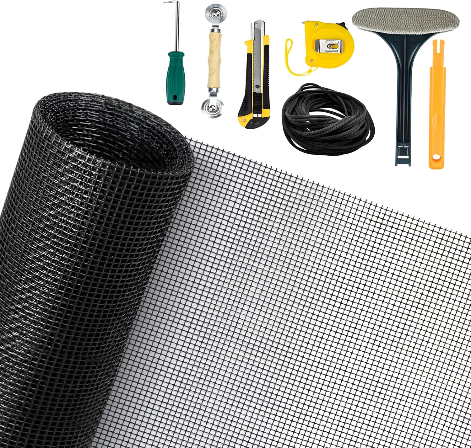 Senneny 7 PCS Screen Repair Kit - 59" × 106“ Window Screen Replacement with Spline, Roller, Hook, Tape Measure, Cutter, Clean Brush - Fiberglass Screen Mesh for Window/Screen Door/Patio/Sliding Door