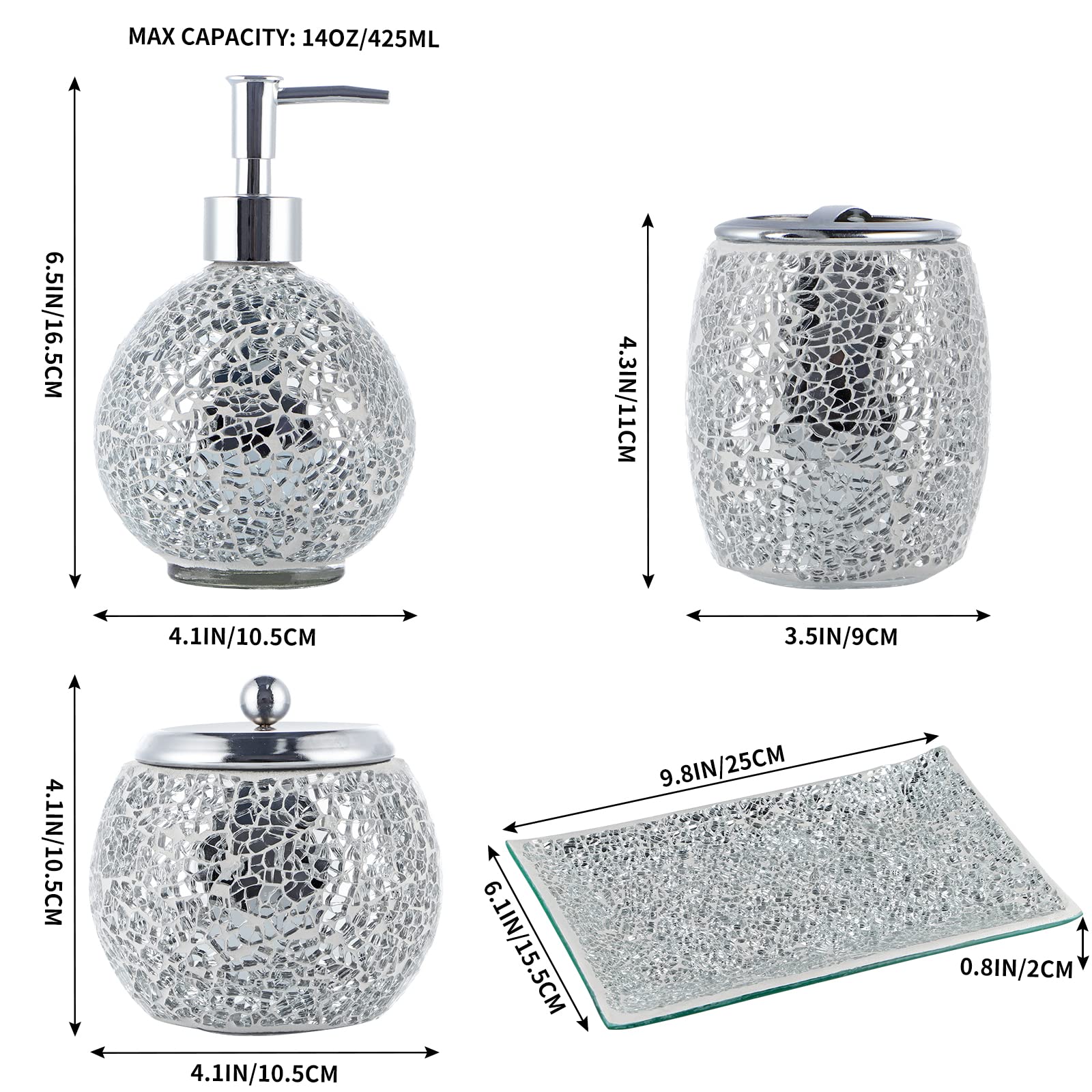 Set di accessori da bagno in vetro mosaico, moderno e di lusso, include dispenser di sapone, barattolo di cotone e porta spazzolino e vassoio per vanità (argento lucido)