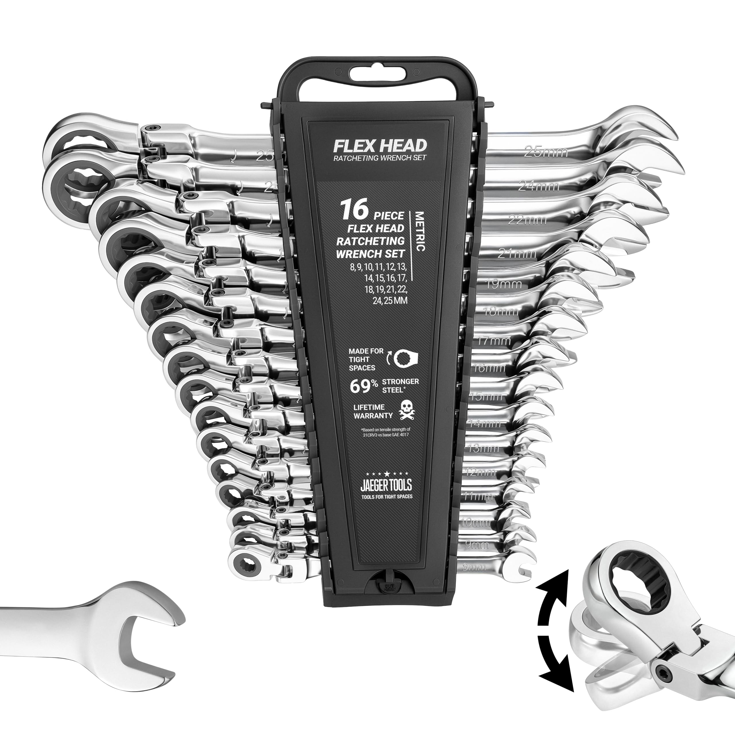 Jaeger 16pc MM/Metric Flex Head TIGHTSPOT Ratcheting Combination Wrench Set With Lock-In Rack - Metric Flexhead MASTER SET With Flexible Ratchet Speed Wrenches And A Lock-In Rack Case