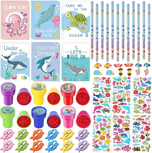 Juego de 72 piezas de papelería temática marina, premios de recompensa, premios de vida oceánica, sellos para niños, miniblocs de notas bajo el mar,