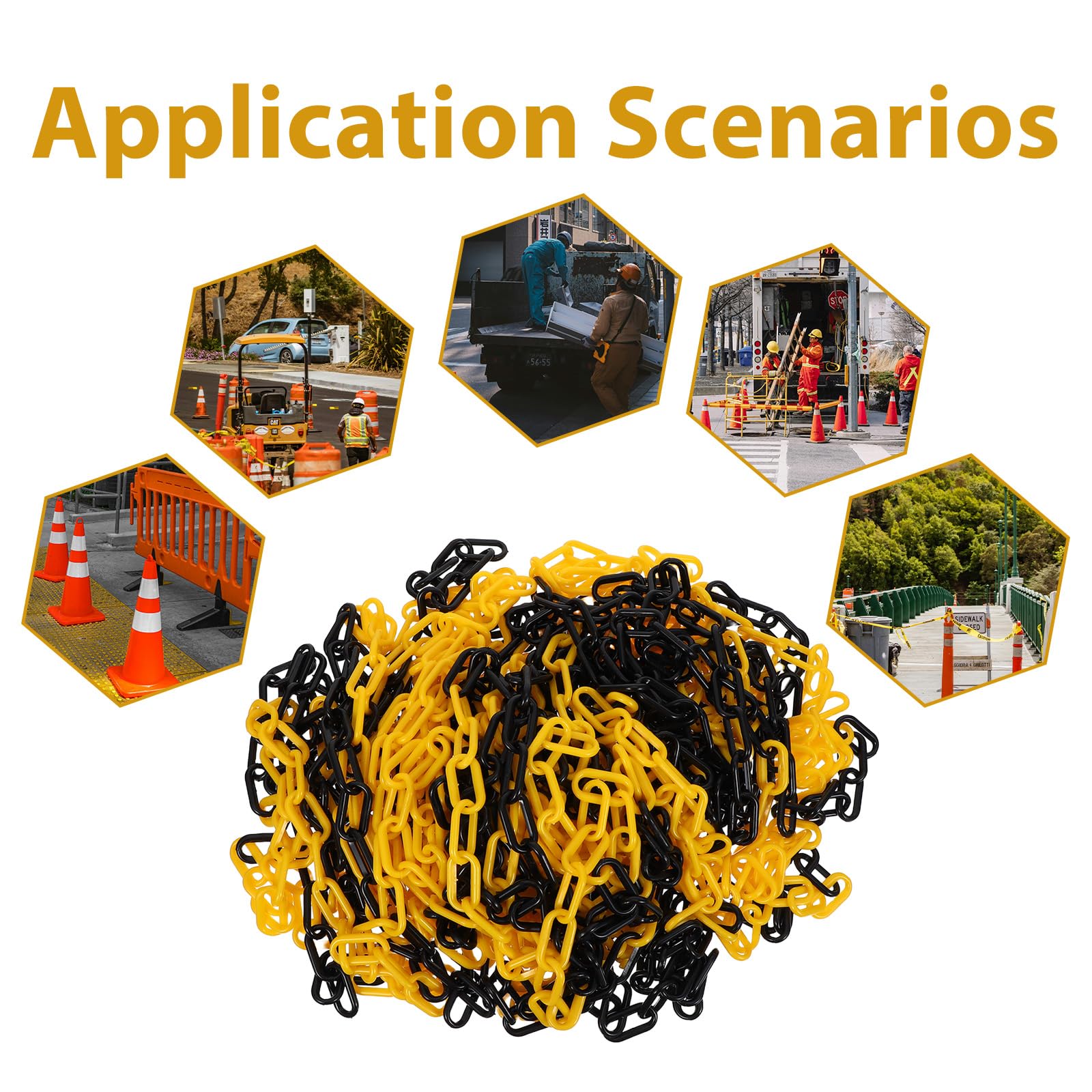 Veemoon Cadena Barrera de Seguridad de Plástico 6 Mm Amarillo y Negro, 25 Metros, Barrera de Cadena para Estacionamiento y Control de Multitudes en Obras Industriales y Zonas Públicas