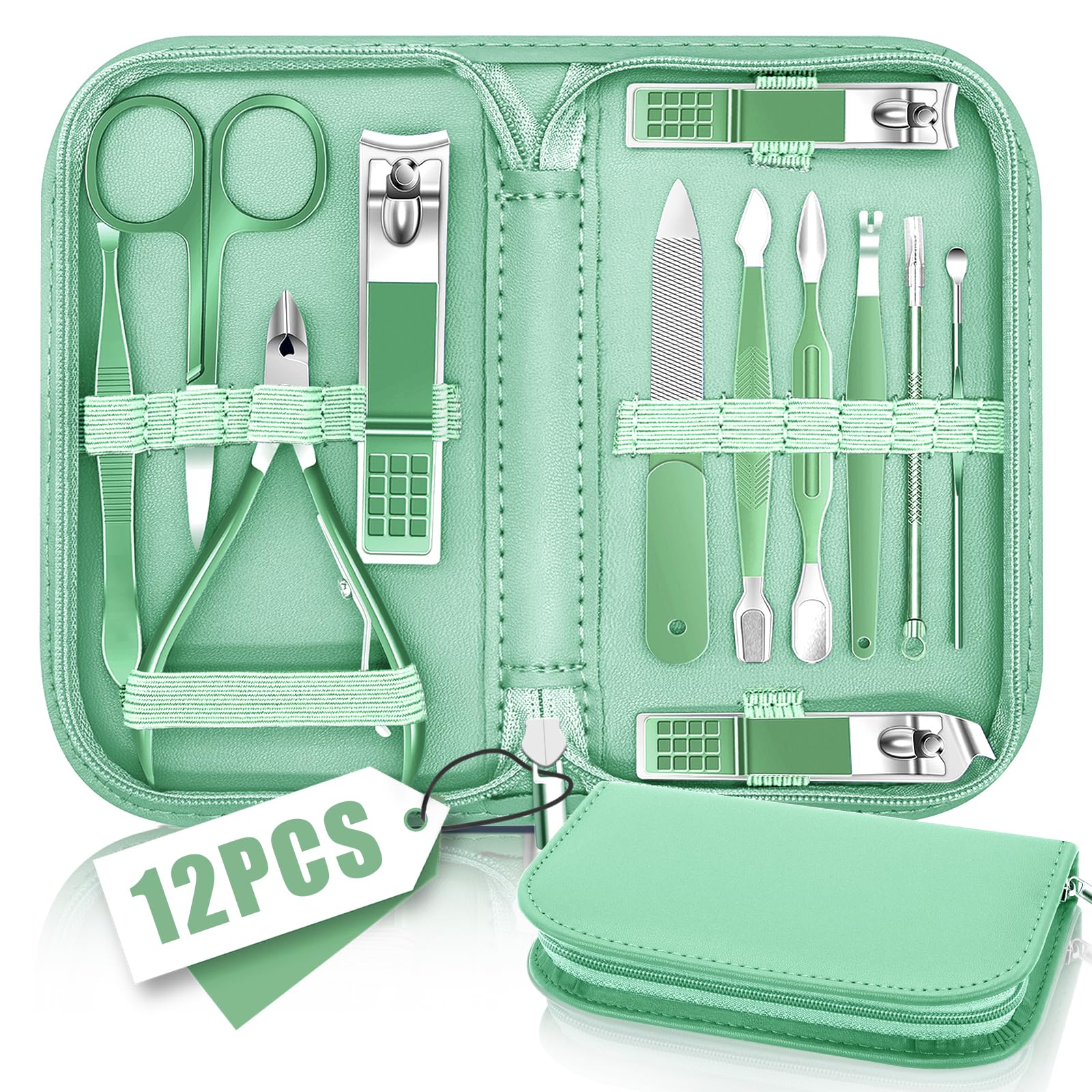 Kit Manucre Pedicure, Coupe Ongle Professionnel, Trousse Manucure Femme et Hommes, Manucure Accessoires, Coupe Ongle Pied, Kit Manucure Professionnel Avec Sac de Voyage en Cuir Vert, Set 12 en 1
