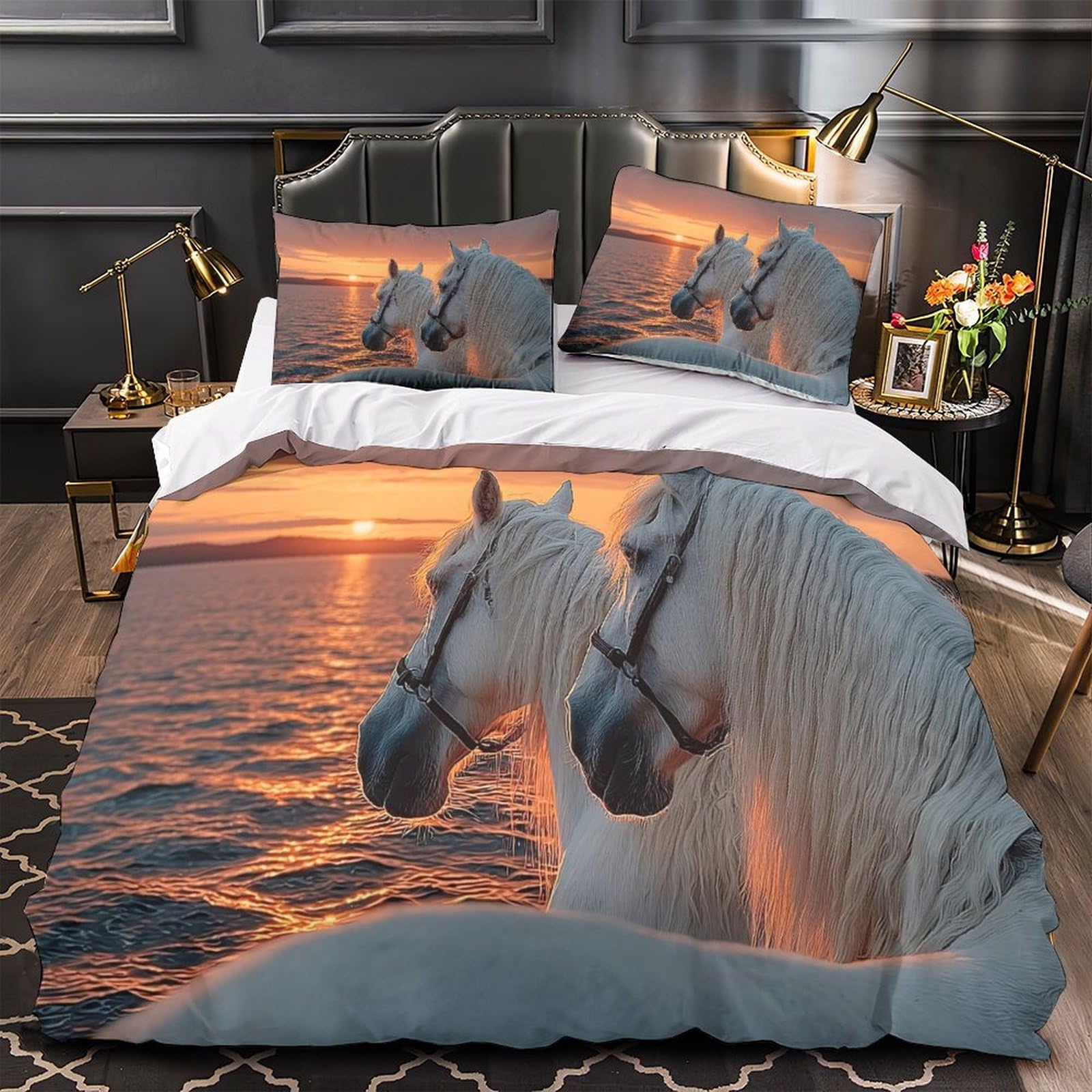 MMDASBVPE White Horses Comforter Cover 3D Design Printed Luxury 3PCs Bedding Set Zipper Sunset Landscape Duvet Cover Extra Soft Easy Care for Teens Youth Teenagers Adults Women Kids Double（200x200cm）