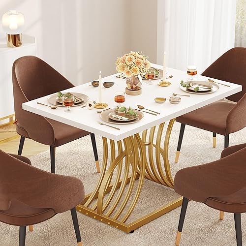 Miniatura 13 de DWVO Mesa de comedor moderna para 4 personas, mesa de cocina rectangular de 47 pulgadas con mesa de mármol sintético y patas geométricas doradas,