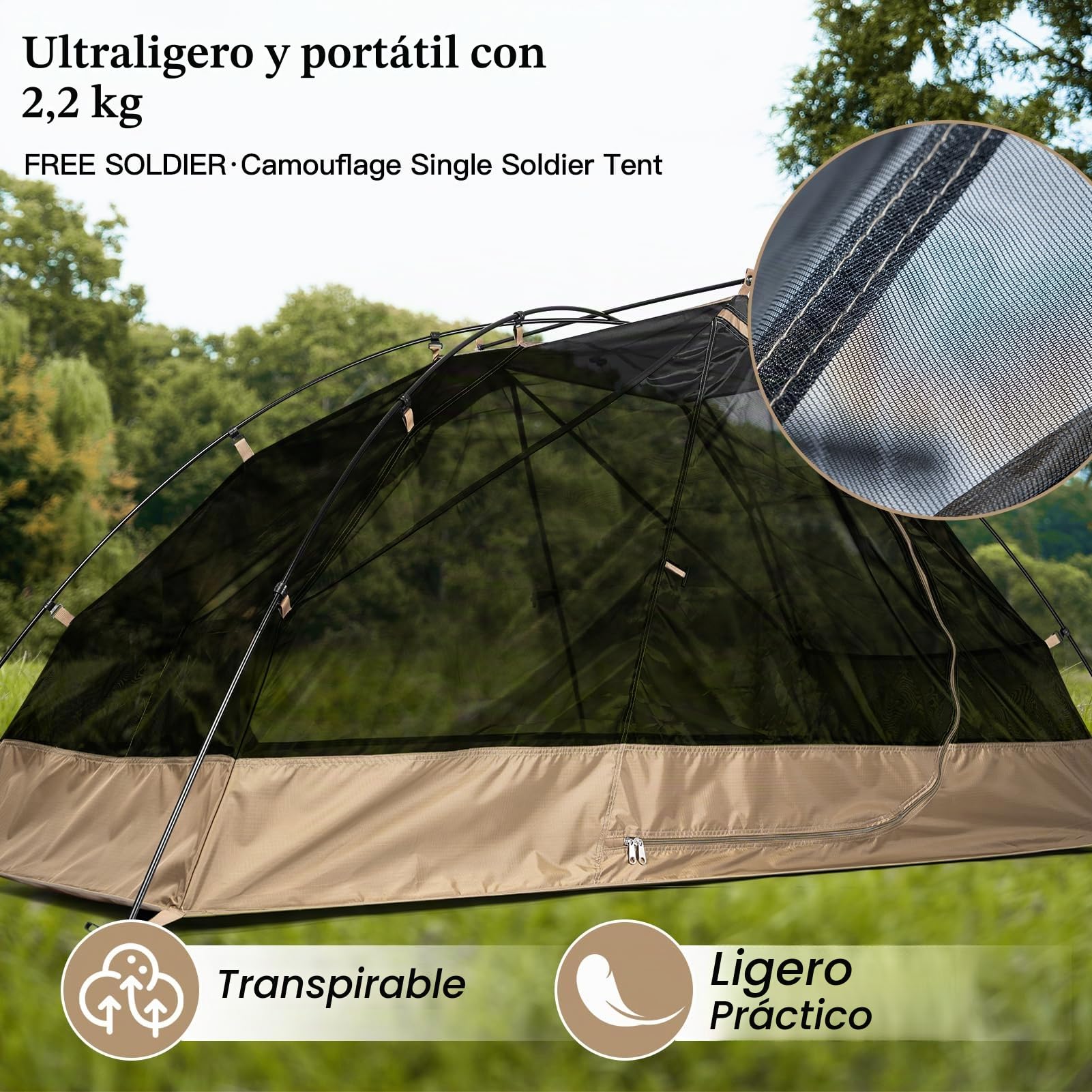 FREE SOLDIER Tienda de campaña para exteriores ultraligera para una persona, en camuflaje, camping al aire libre, 1 persona, aventura, tienda de pesca, fácil de montar y transportar, protección contra