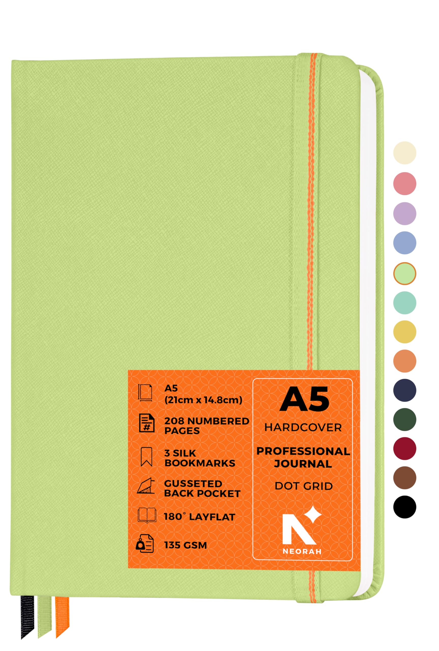 NEORAH—A5 DotGrid|208 Pages-135 gsm|PRO SERIES Journal(210x148 mm)-Hardcover Dotted Notebook-Includes Back Pocket|3 Silk Book Mark|Journal Box-Completely HANDMADE for journaling,Note Taking-LightGreen — image 1