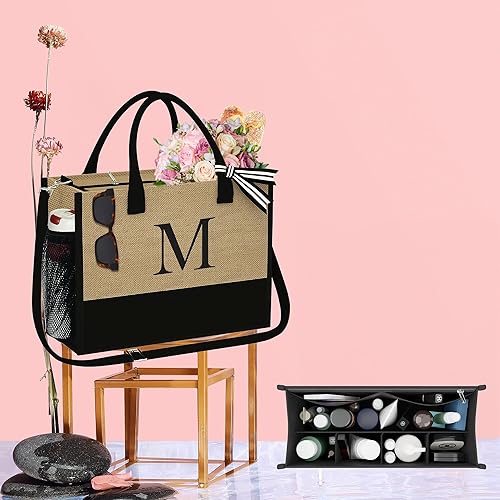 Miniatura 7 de Bolsa de yute con inicial, con inserto organizador de bolsa, bolsa de viaje personalizada, regalos de cumpleaños para mujeres