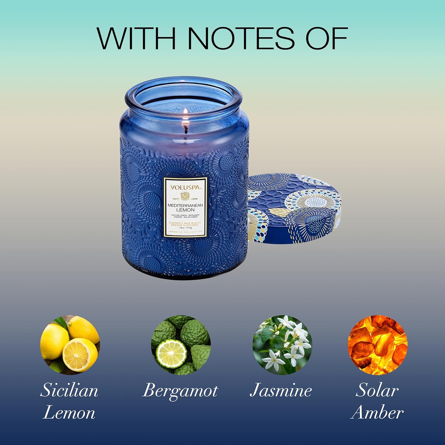 Voluspa Mediterranean Lemon Candle Jar, 18 oz, Coconut Wax Blend, Large Scented Candles for Home, 100 Hour Burn Time, Poured in The USA - Image 3