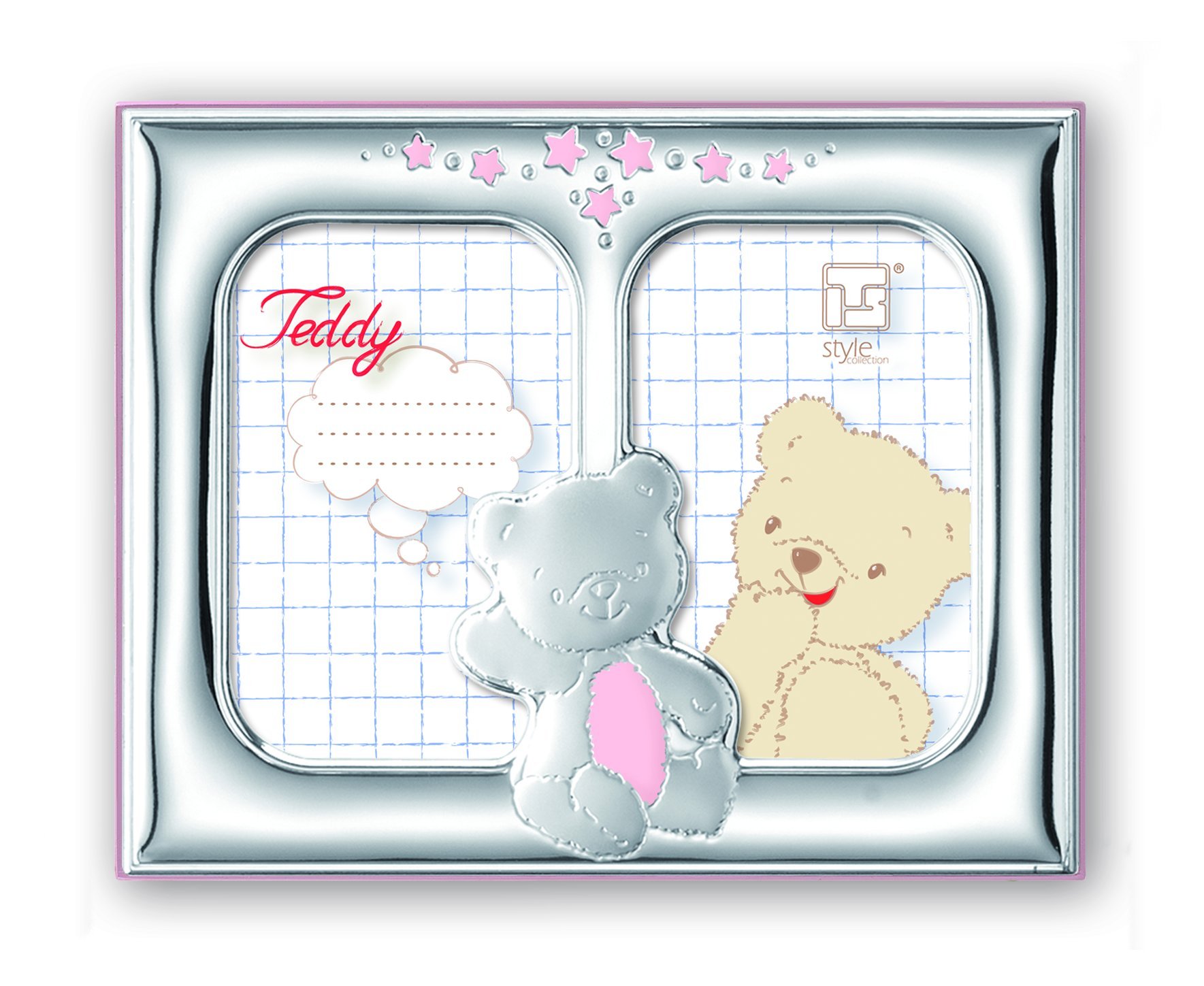 Silver Touch USA Gorgeous Sterling Silver Double Picture Frame, Pink Teddybear