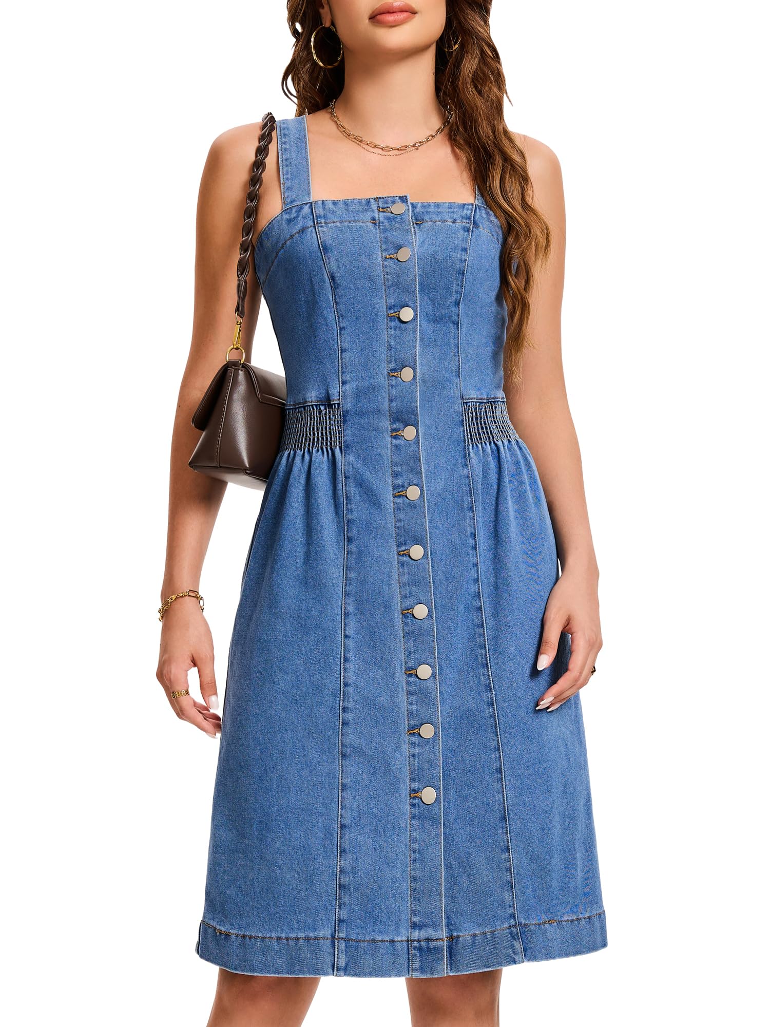 Robe Midi en Jean Femme sans Manches Boutonnage sur Le Devant