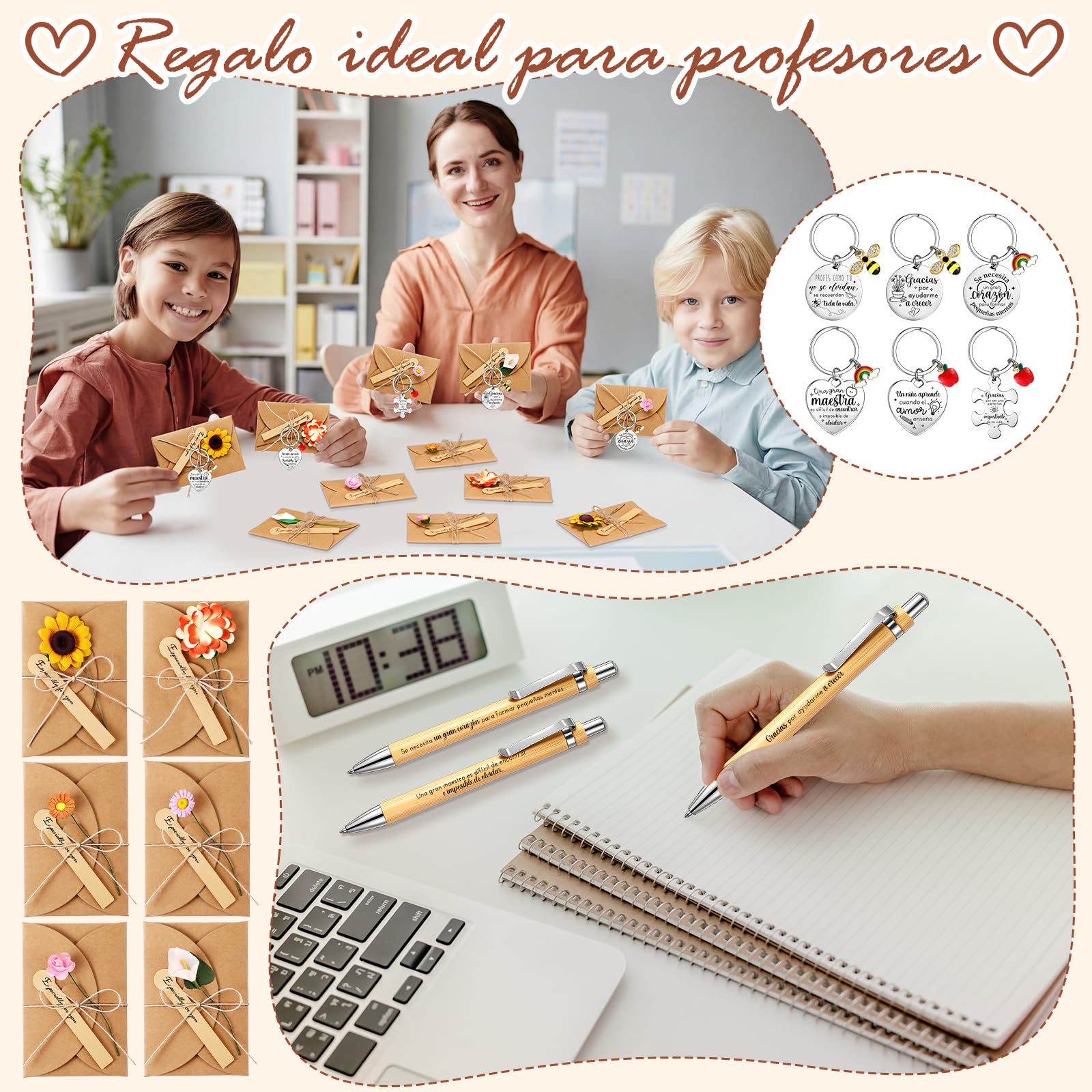 Jetec 6 Sets Regalo Maestro, 6 Llavero de Agradecimiento en Español, 6 Bolígrafos de Madera, 6 Tarjetas con Flores Artificiales, Regalo Agradecimiento Profesora Primaria para Navidad Jubilación