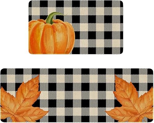 Juego de 2 tapetes y tapetes de cocina a cuadros de otoño, calabaza naranja y hoja de arce para piso, decoración del hogar, decoración del hogar,