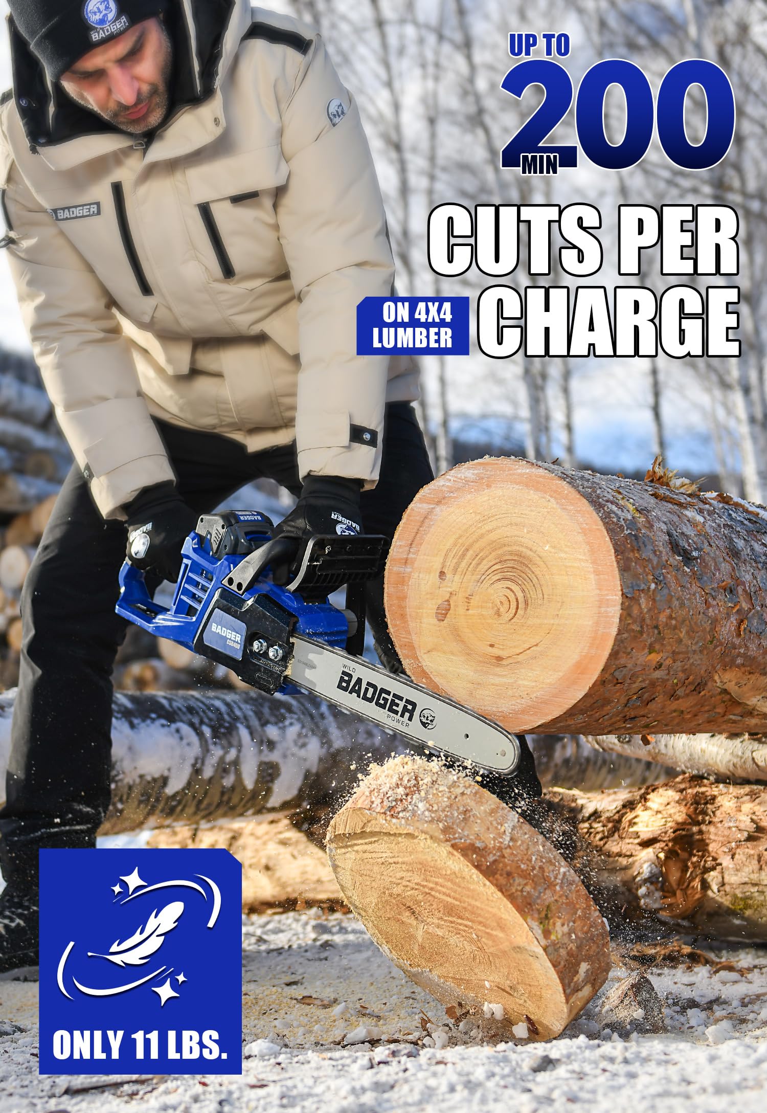 WILD BADGER POWER Tronçonneuse électrique sans fil 40 V 16 pouces, sans balais, batterie et chargeur 4,0 Ah, technologie de coupe intelligente, coupe efficace, sûre et fiable, idéale pour