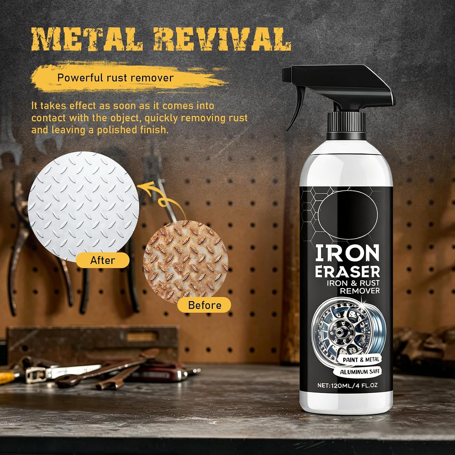 2PCS Iron Eraser Iron and Rust Remover - Iron Eraser Rust Remover Spray for Car Wheels & Paint – Fast Acting Rust and Brake Dust Remover – Multi-Surface Metal Restorer for Auto, Tools & Home
