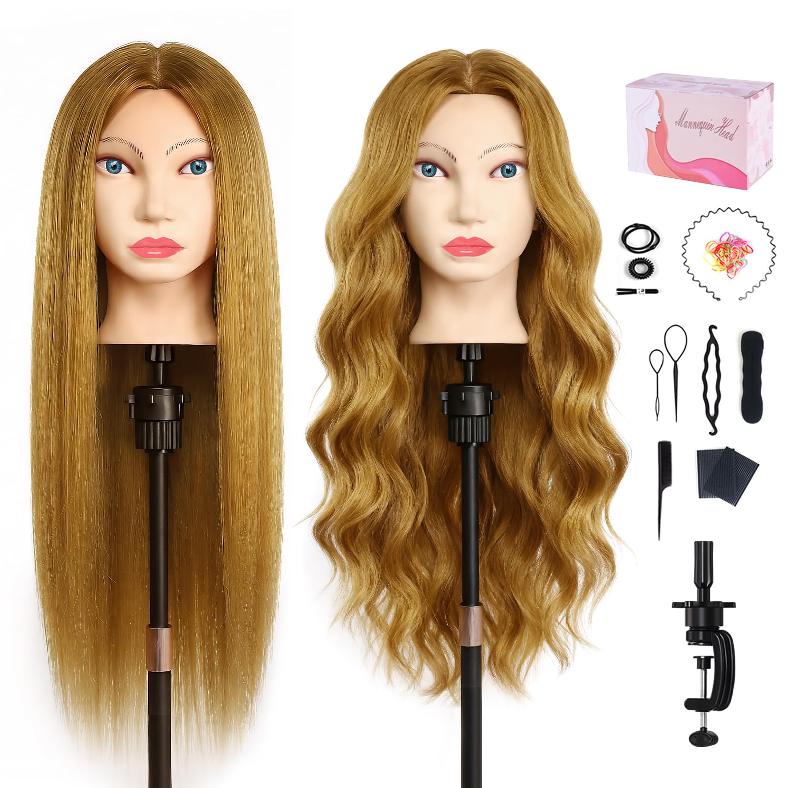 TopDirect Testa di manichino da 66 cm, 80% capelli veri, per cosmetologia, parrucchiere, manichino, con morsetto da tavolo + set per treccia (capelli dorati + occhi azzurri)