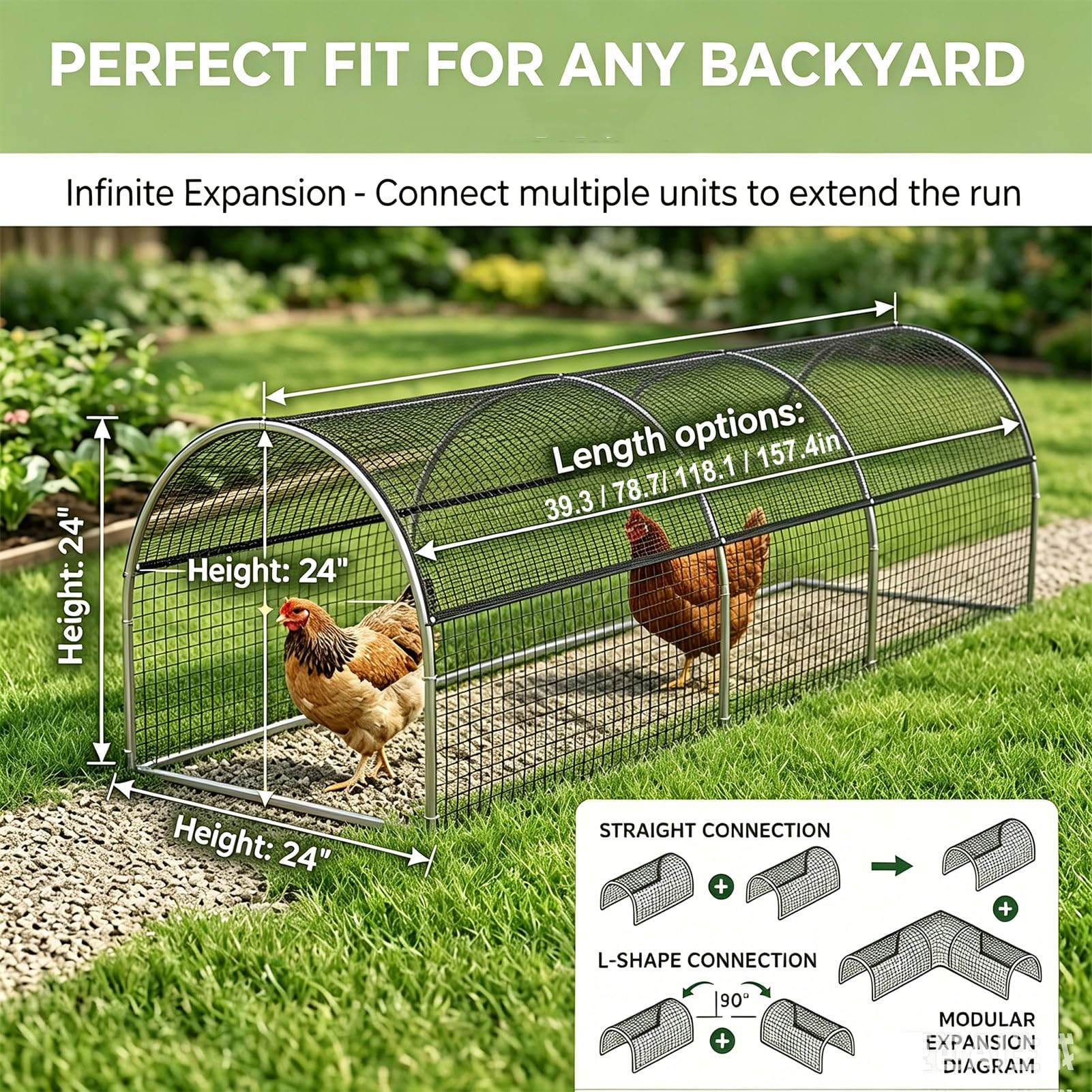 Túnel Exterior Plegable para gallineros, para gallinas, Patos y Conejos | Metal, extensión, Recinto para aves al aire libre, portátil, Instalación rápida, Conectar y desconectar libremente