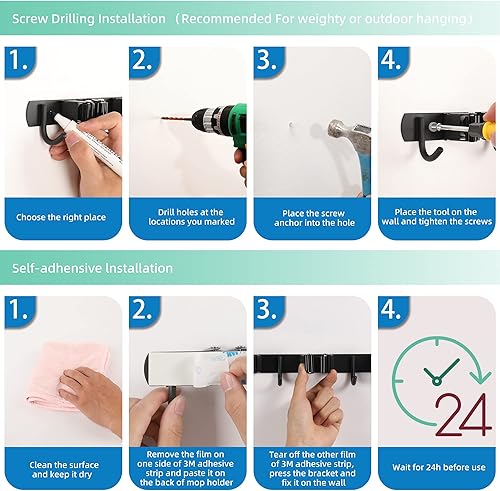 Miniatura 5 de Paquete de 2 soportes para fregona y escoba, organizador de escobas y trapeador para colgar en la pared, colgador de escoba de acero inoxidable,