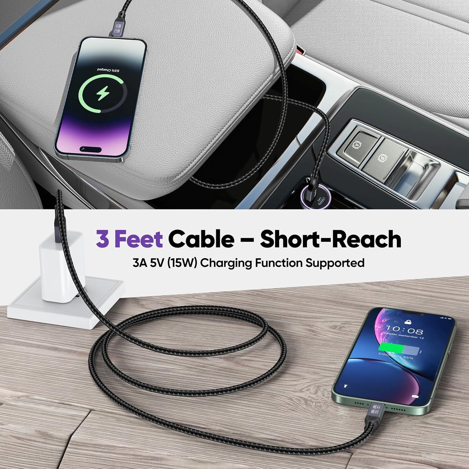 Android Auto USB Cable 3FT, Car CarPlay Cord, USB Type C 3.2 Gen2 10Gbps Data Transfer, A-C 15W Fast Charging Replacement for iPhone 16/15 Google Pixel 9/8/7 Galaxy Series and More 3 Feet 1 Pack image 5 of 8 B0DLJM28WQ