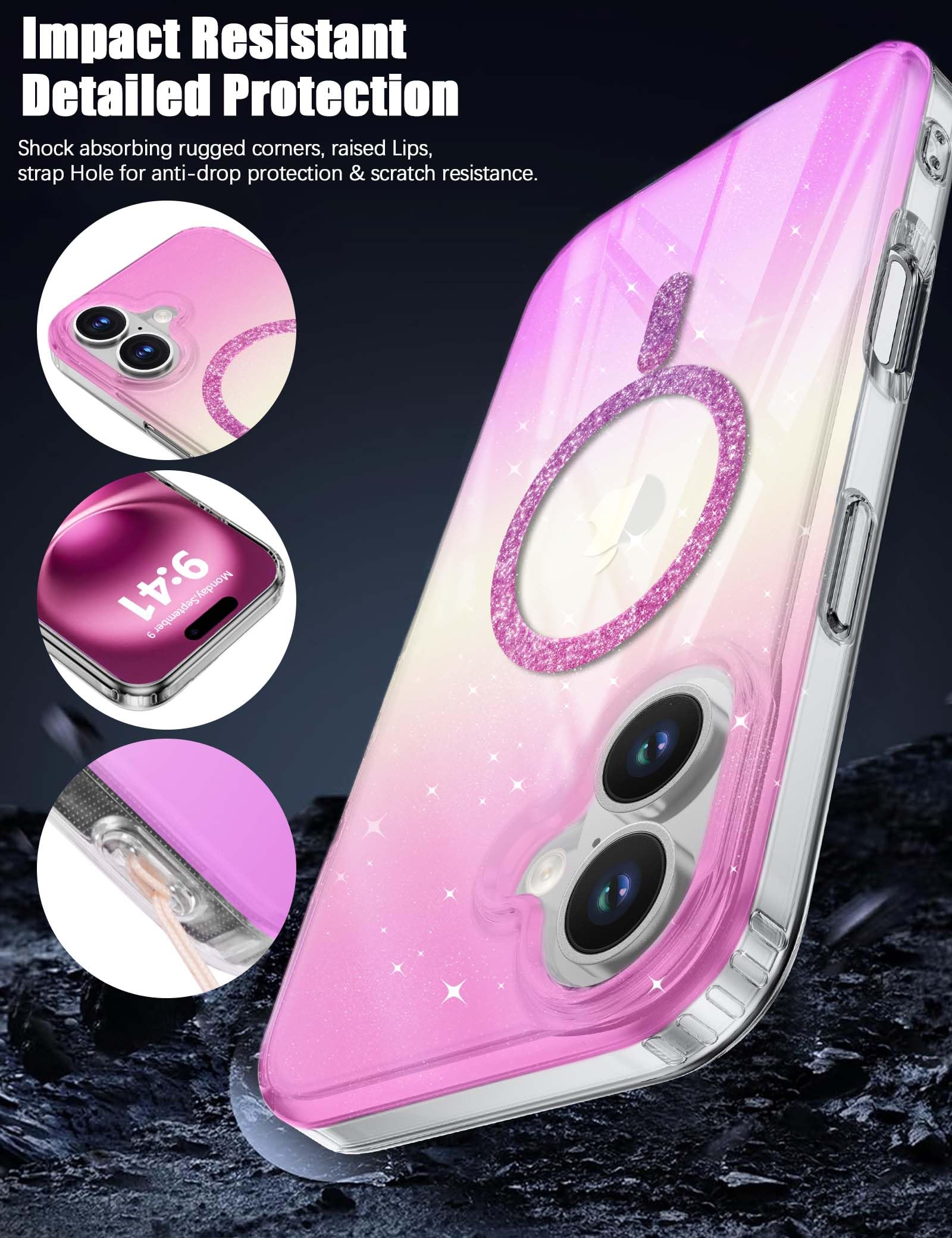 Hython For IPhone 16 Plus Case Clear Magnetic Glitter Phone Cases [Compatible With MagSafe] Full Camera Lens Protector Slim Gradient Sparkle Luxury Plating Shockproof Protective Cover Women, Purple - View #9
